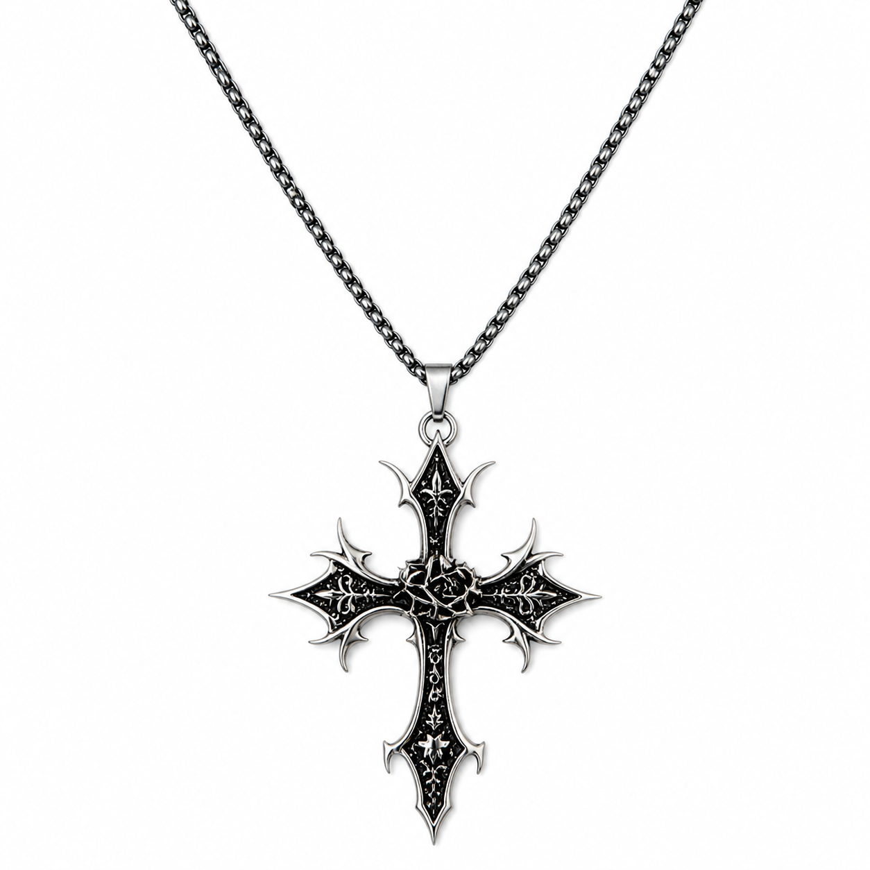Mars Ultor Cross Necklace hanging from the top on pure white