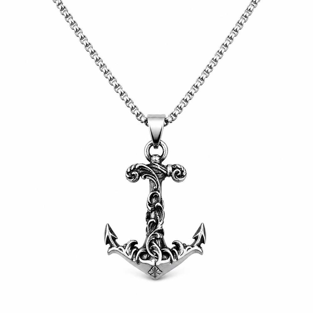 Neptune’s Anchor Necklace hanging from the top on pure white